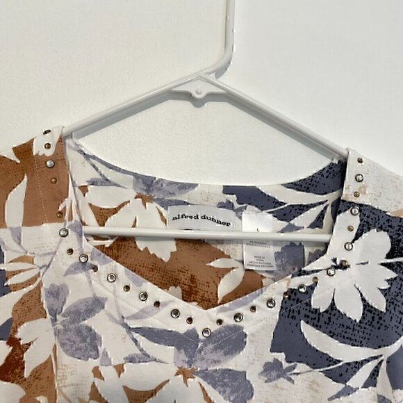 ALFRED DUNNER White Brown Tan Gray ? Floral Patchwork Studded 3/4 Sleeve Blouse - Picture 5 of 13